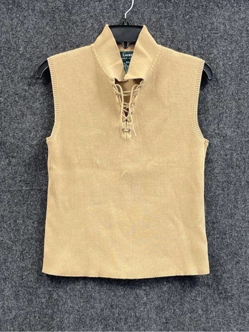 Vintage Ralph Lauren Lace-Up Sleeveless Knit Tank Top - Beige Y2K